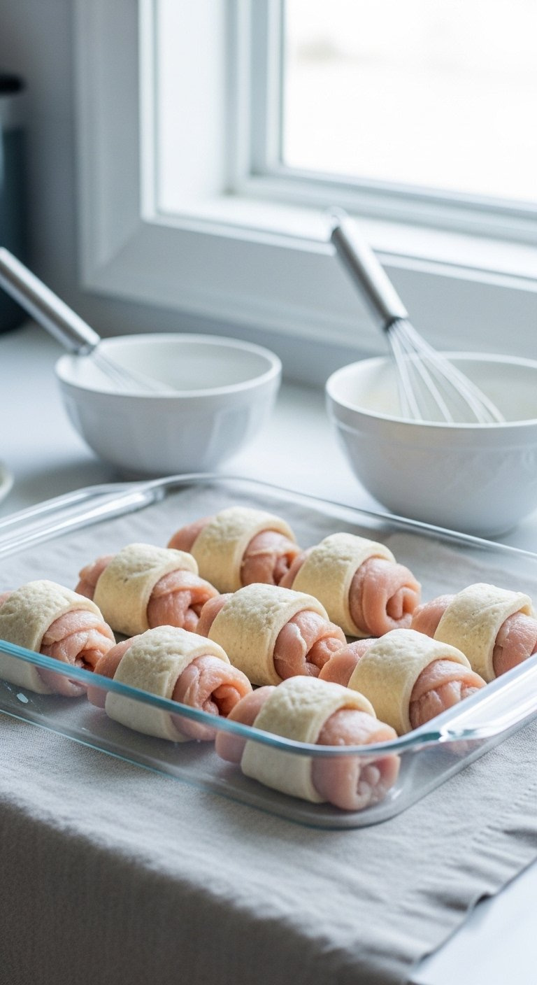 Eight Rolled Chicken Crescents Arranged In Glass Baking Dish On Light Linen Tablecloth.