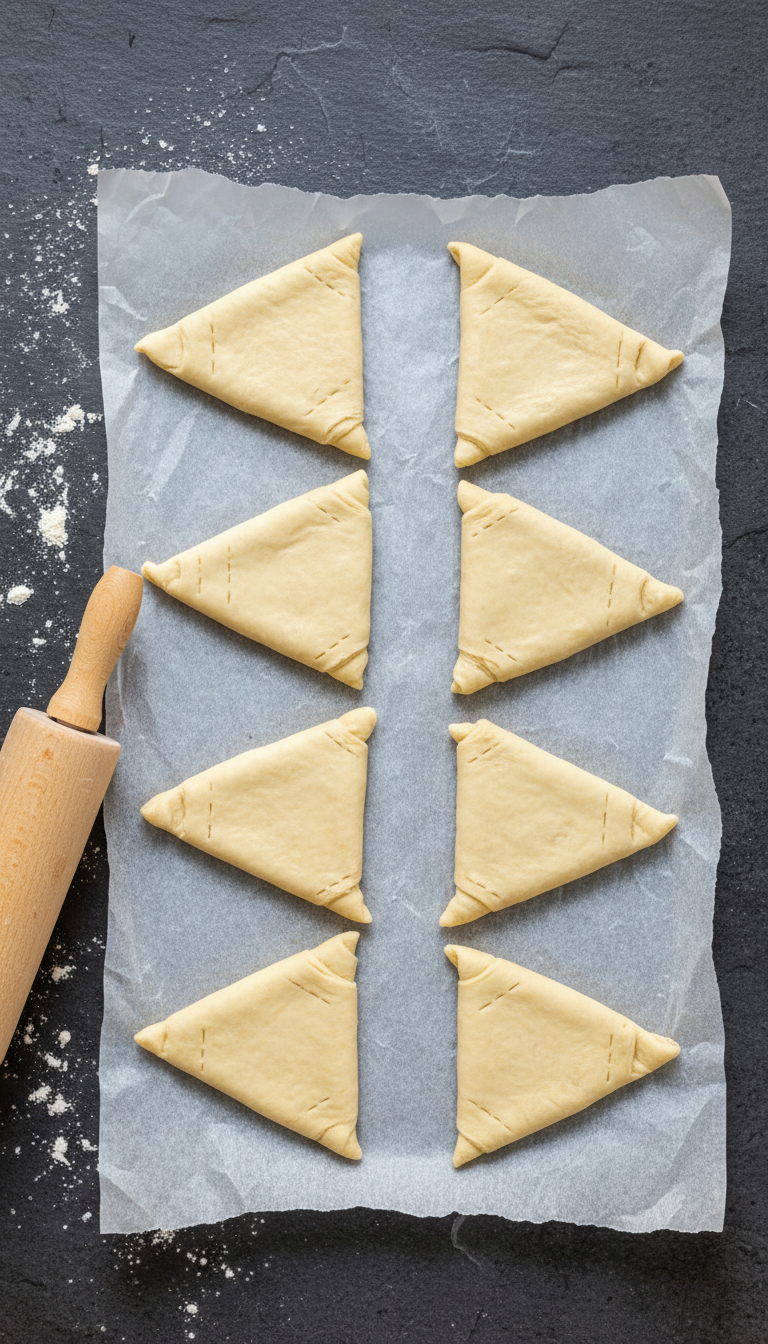 Eight Triangles Of Refrigerated Crescent Dough Arranged In Rows On Dark Slate Countertop.