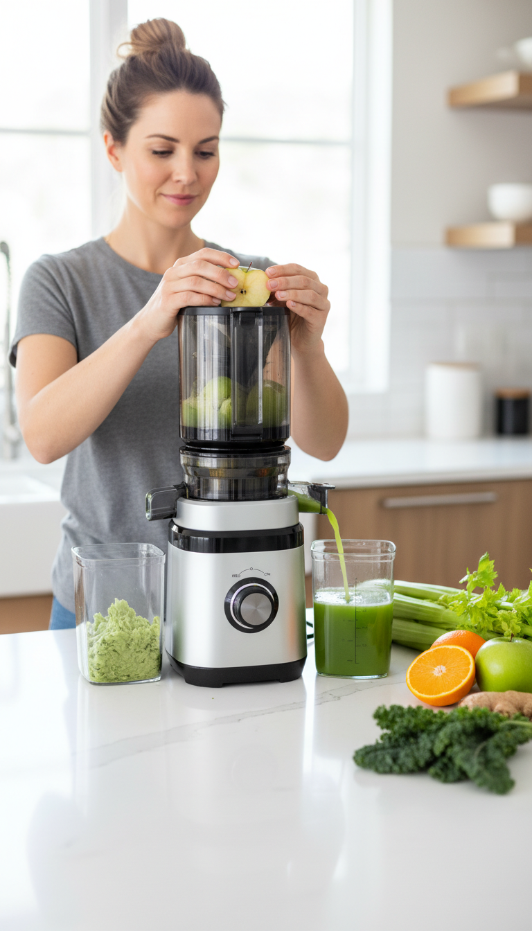A Photo Of The Eilkos Juicer On A Kitchen Counter With Carrots, Kale, And Oranges Ready For Testing, Alongside A Measuring Cup And A Timer.