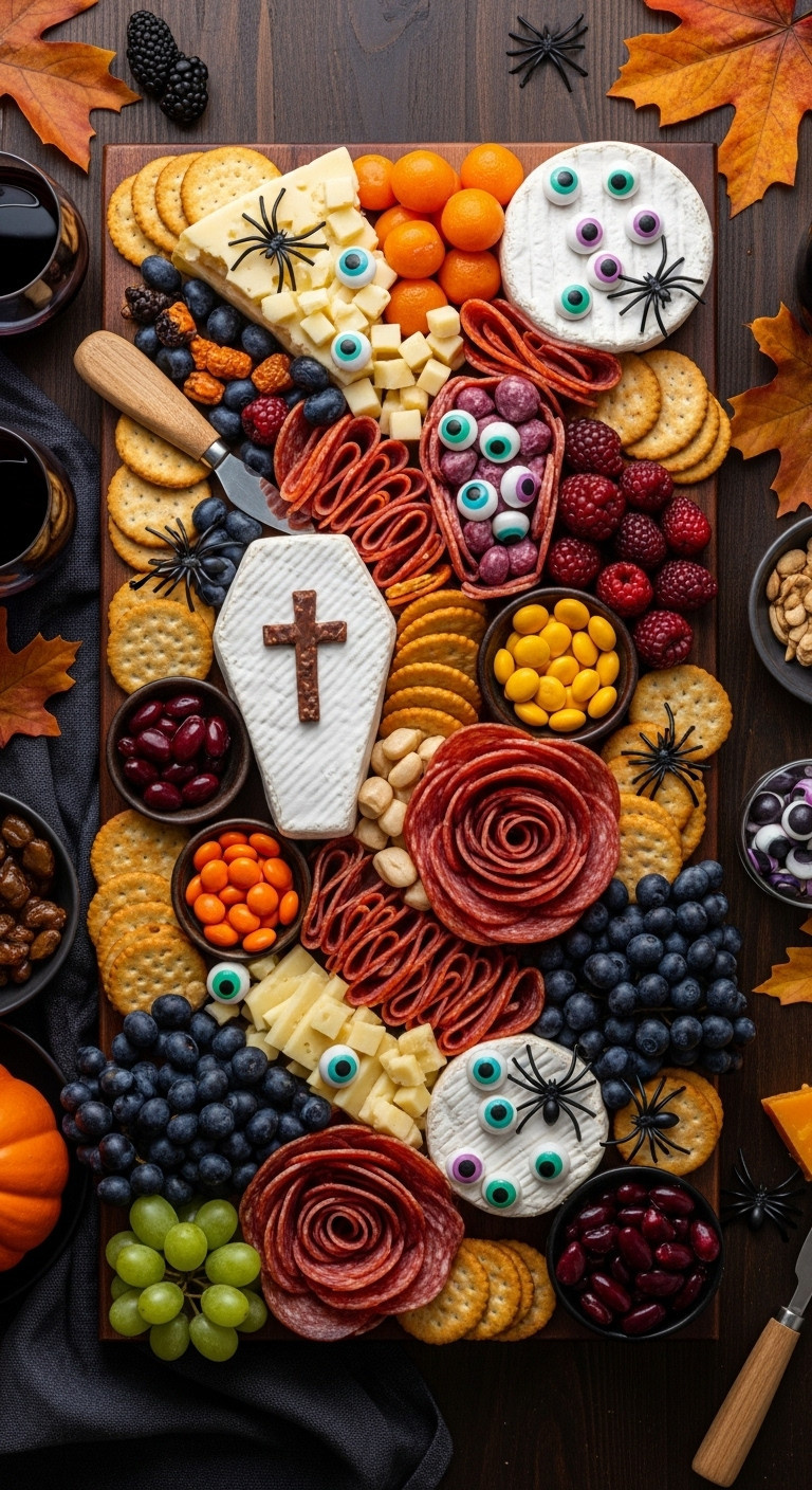 Elaborate Halloween Charcuterie Board With Coffin Brie Salami Roses Candy Eyeballs And Plastic Spiders On A Dark Wood Table For A Crowd