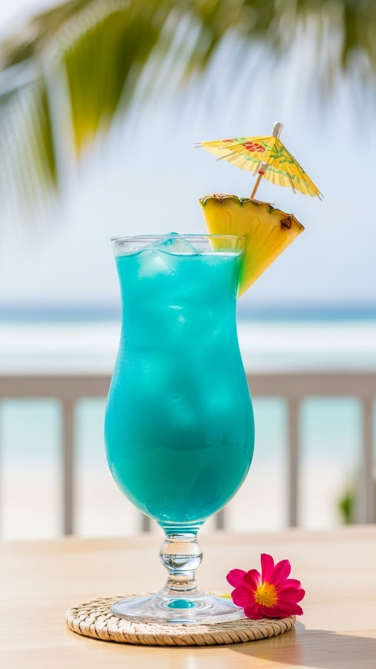 Electric Blue Hawaiian Cocktail In Hurricane Glass With Pineapple Wedge And Paper Umbrella, Tropical Beach Backdrop