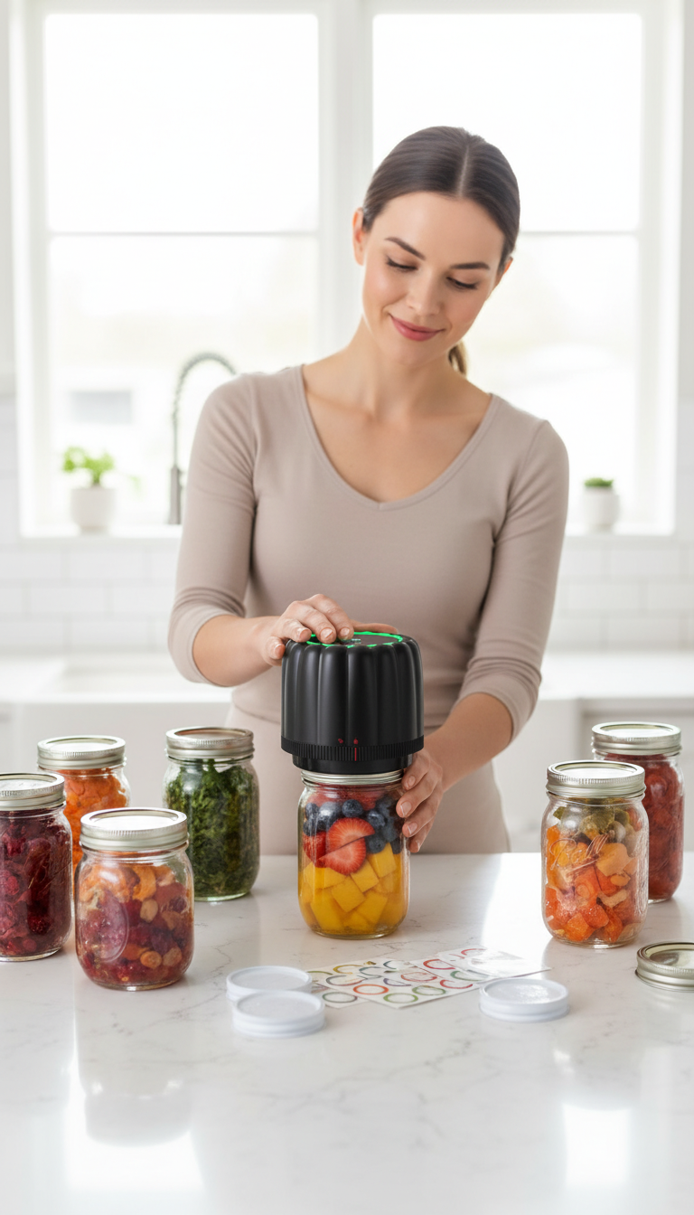 A Countertop Setup Showing The Snuuoby Electric Mason Jar Vacuum Sealer Next To Jars Of Coffee Beans, Nuts, And Lettuce.