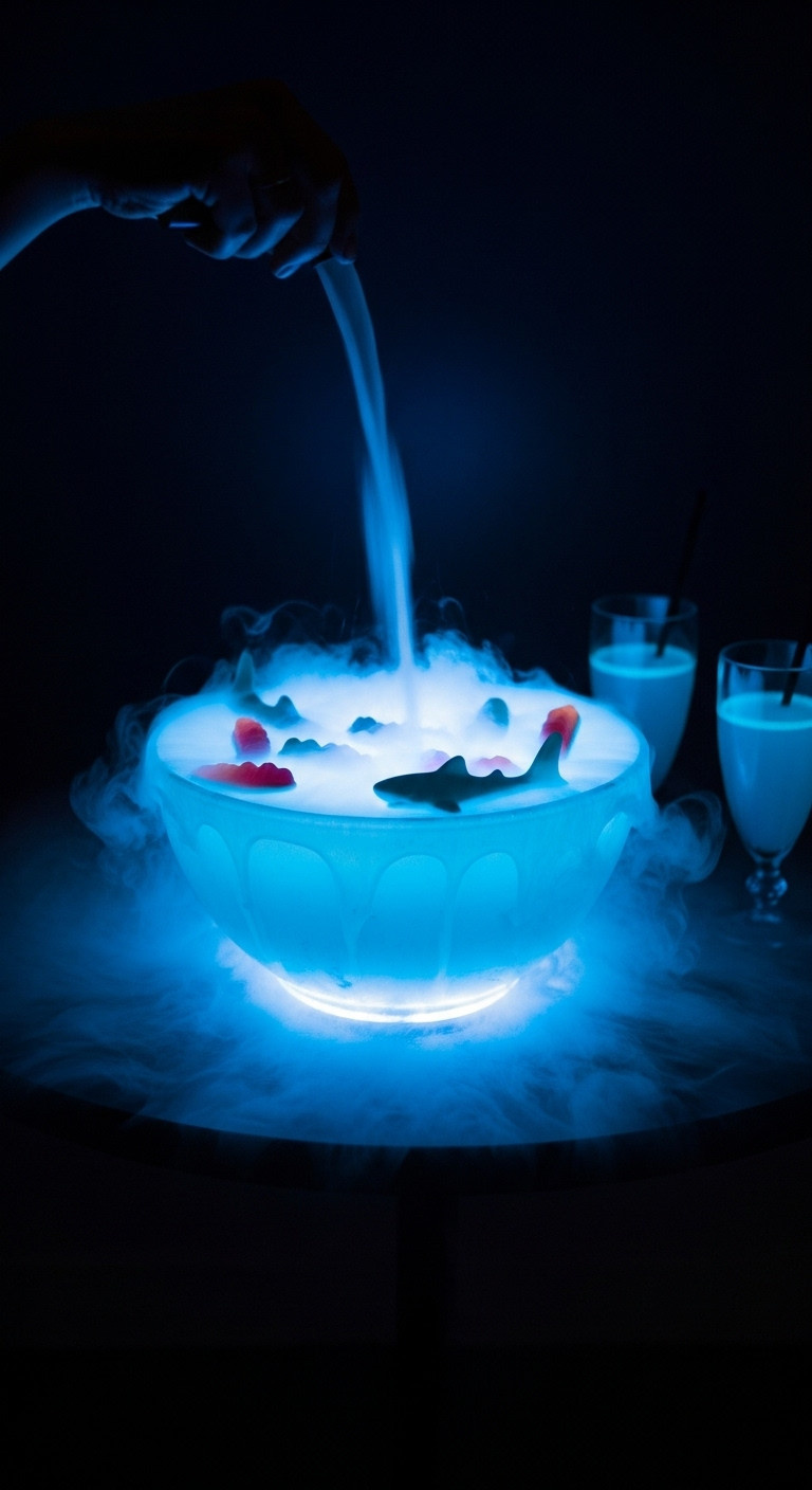 Electric Blue Curacao Lagoon Punch With Dry Ice Fog And Gummy Sharks Glowing In A Punch Bowl