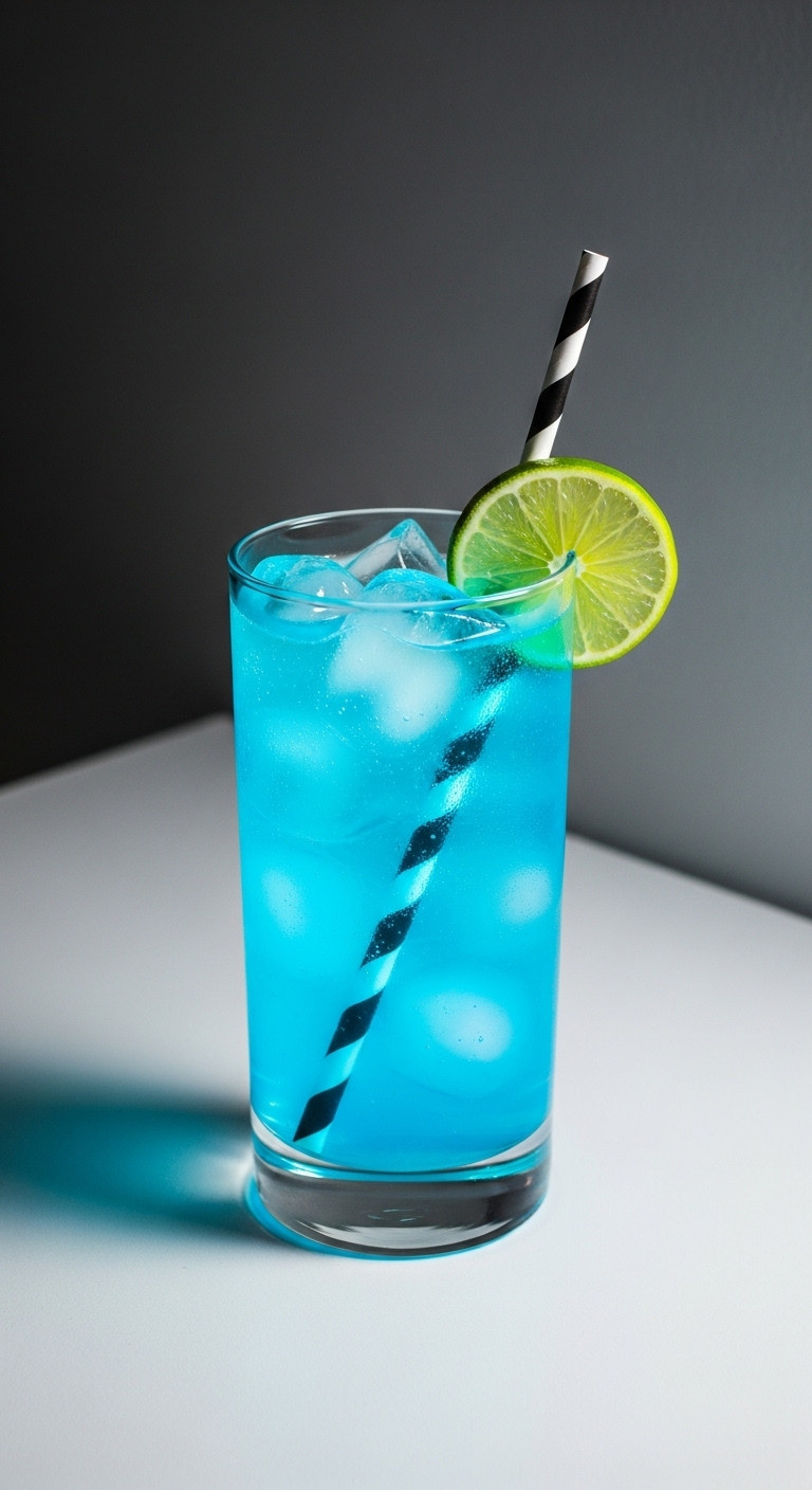 Electric Blue Glowing Cocktail In Highball Glass With Ice, Striped Straw, And Lime Wheel. Modern, Spooky Halloween Party Drink.