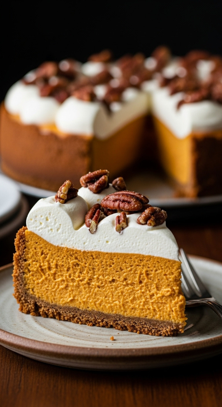 Elegant Bourbon Sweet Potato Cheesecake Slice With Orange Filling, Gingersnap Crust, Bourbon Whipped Cream, Candied Pecans. Cozy Table.