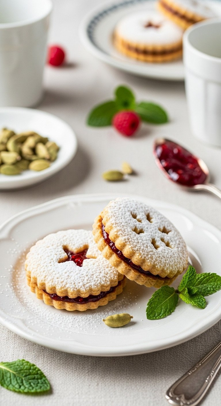 Elegant Brown Butter Cardamom Linzer Cookies With Snowflake Cutout, Raspberry Jam Filling, Dusted With Powdered Sugar.
