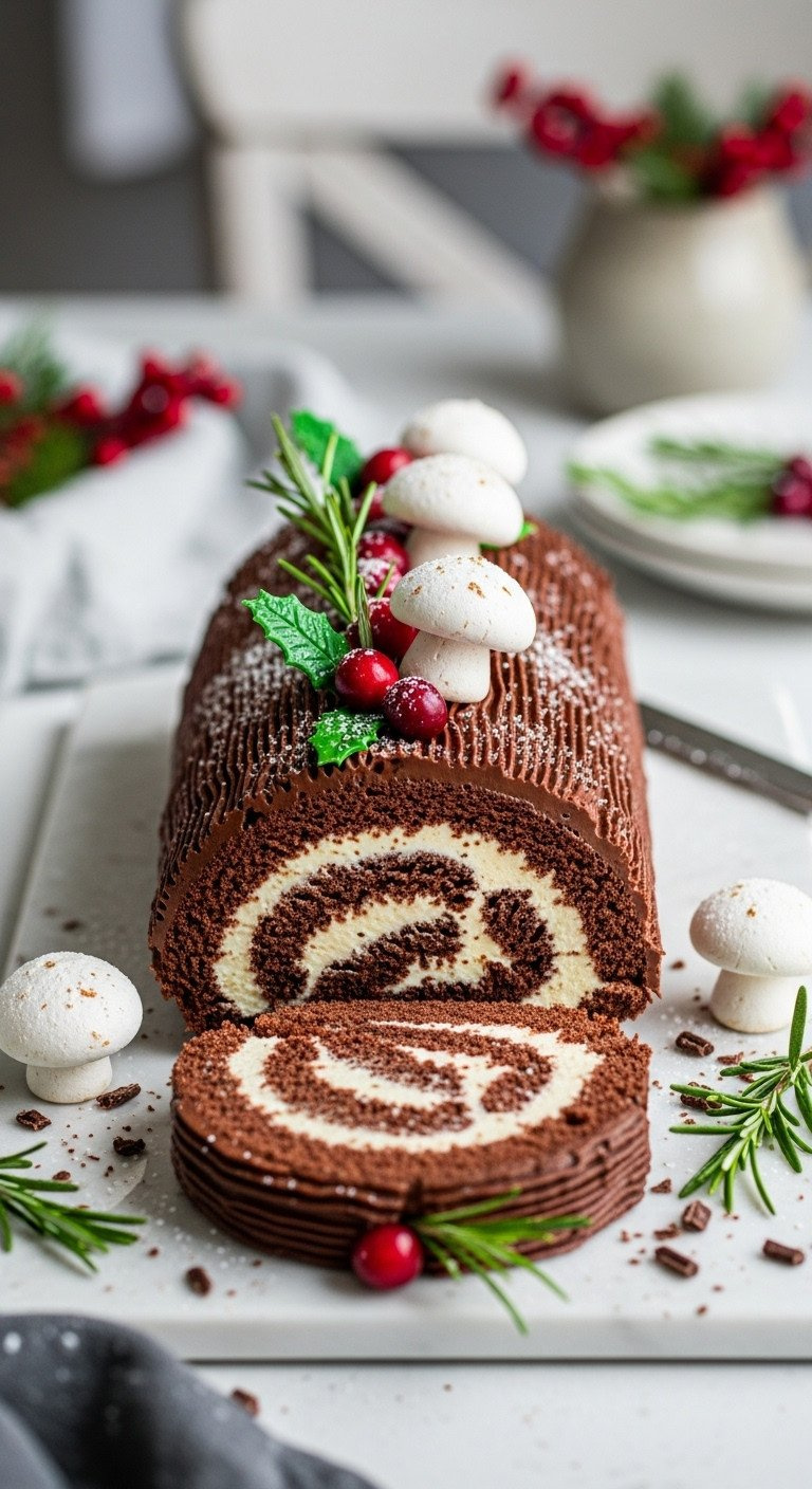 Elegant Bûche De Noël, Yule Log Cake With Chocolate Bark Texture, Meringue Mushrooms, Cranberries, Rosemary. Festive Holiday Dessert.