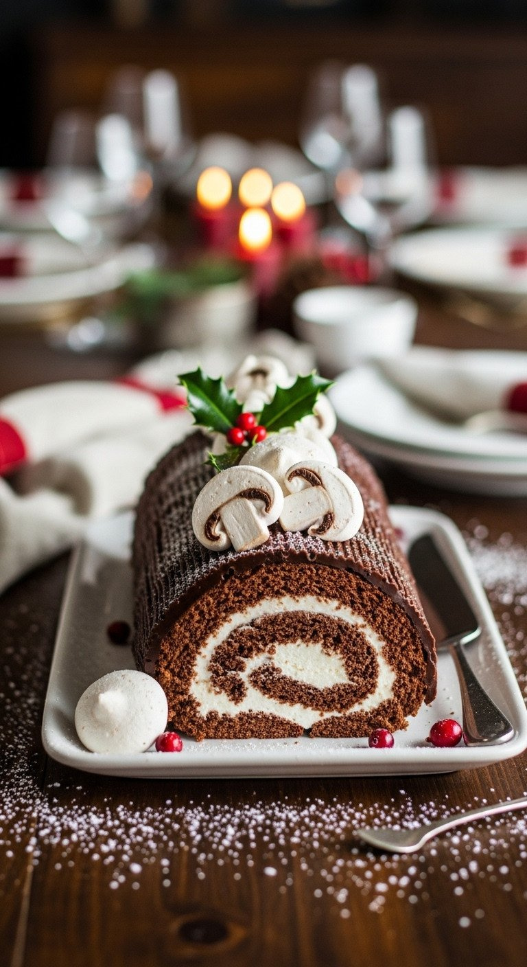 Elegant Chocolate Yule Log Cake With Textured Ganache, Cream Filling, And Meringue Mushrooms On A White Ceramic Platter.