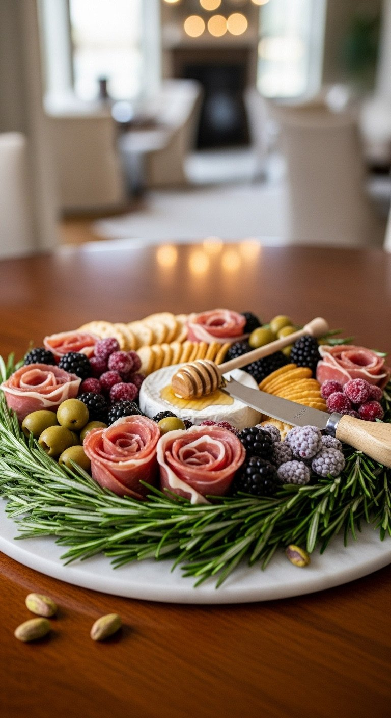 Elegant Christmas Wreath Charcuterie Board With Brie, Prosciutto, Olives, Blackberries, Sugared Cranberries, And Rosemary.