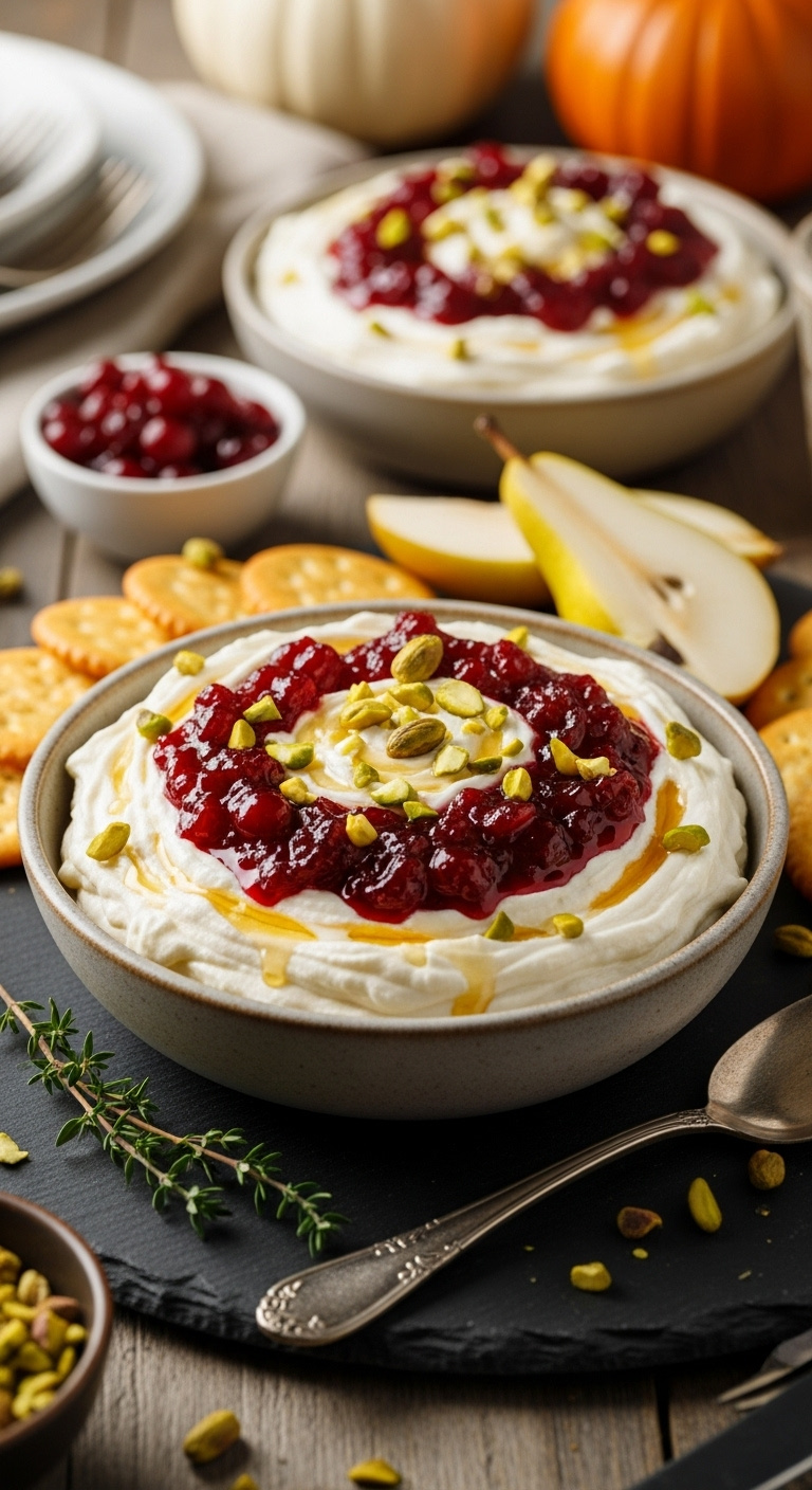 Elegant Cranberry Whipped Feta Dip With Pistachios And Honey On A Dark Slate Board A Thanksgiving Table In Soft Natural Light