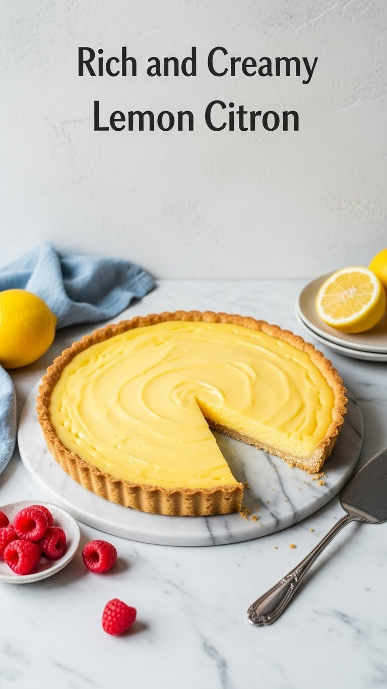 Elegant French Tarte Au Citron, Smooth Bright Yellow Lemon Filling &Amp; Crisp Golden Crust On Marble, Garnished With Fresh Raspberries.