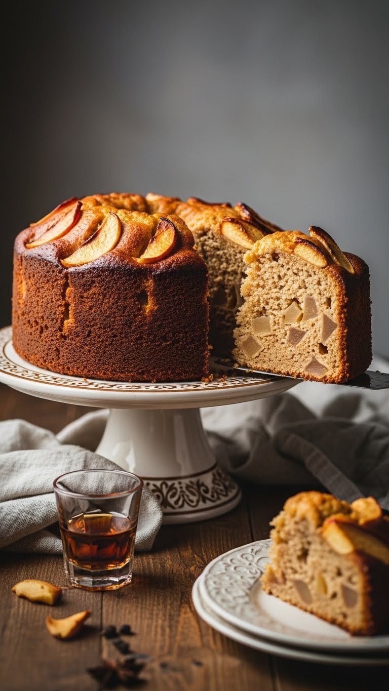 Elegant French Apple Cake With Caramelized Apple Chunks, Glistening Rum Glaze, And A Rich Golden-Brown Exterior.