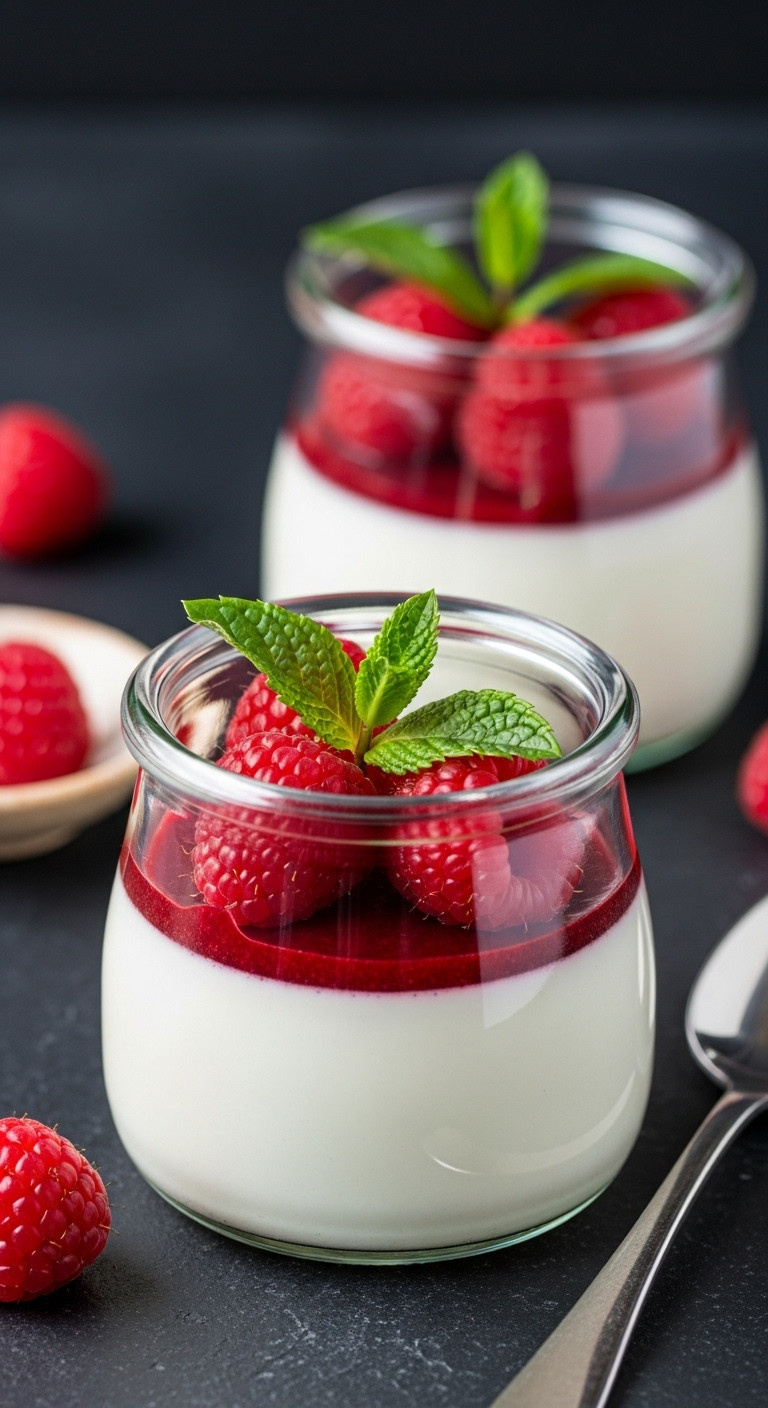 Elegant Halloween Bloody Raspberry Panna Cotta: Creamy White With Vibrant Red Raspberry 'Blood' Sauce In A Glass.