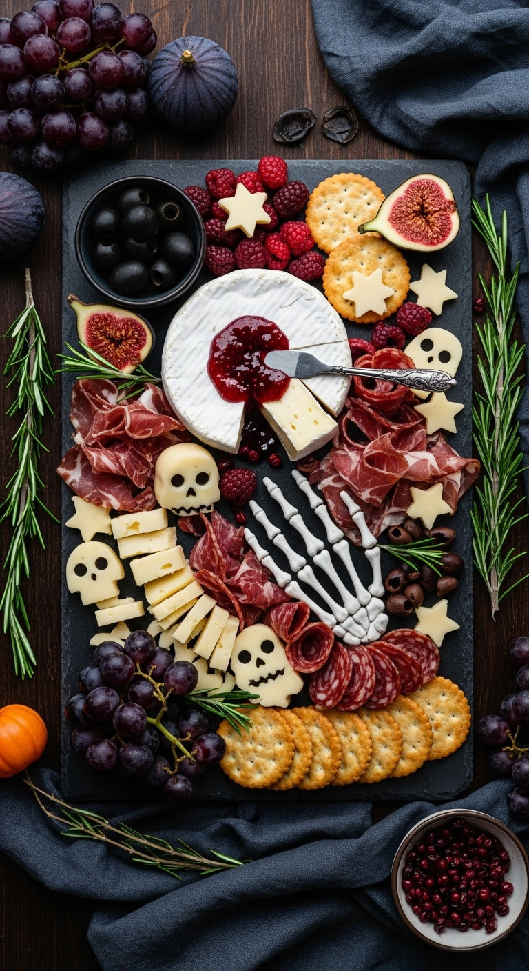 Elegant Halloween Charcuterie Board With &Quot;Bleeding&Quot; Brie, Skeleton Hand, Spooky Meats, Grapes, And Crackers.