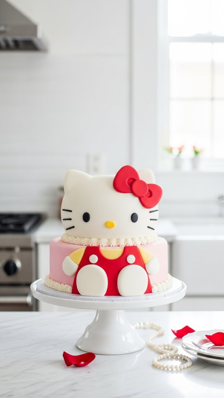 Elegant Hello Kitty Layer Cake With Smooth Buttercream Frosting And Signature Red Bow Displayed On White Cake Stand With Marble Countertop.