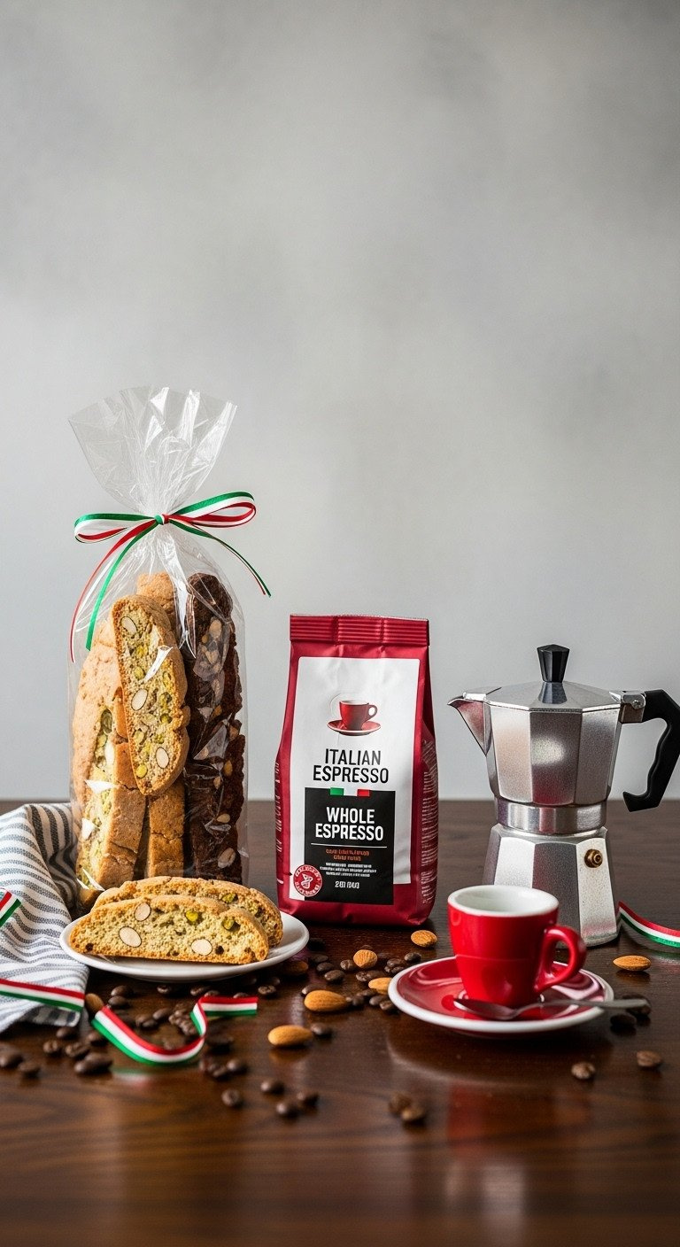 Elegant Italian Christmas Gift Basket With Almond And Pistachio Biscotti, Whole Espresso Beans, And A Stovetop Moka Pot.
