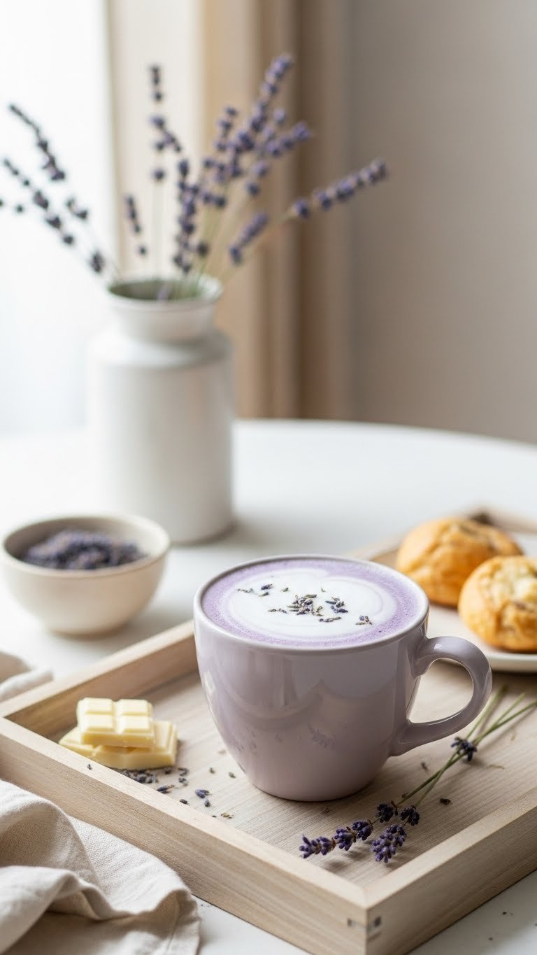 Elegant Lavender White Chocolate Latte In Ceramic Mug With Lilac Hue On Light Wooden Tray In Soft Natural Window Light