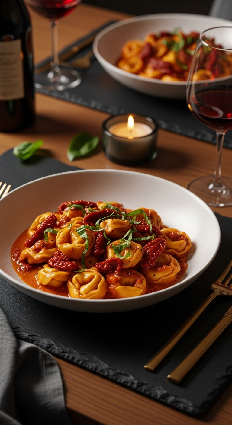 Elegant Marry Me Tortellini In Creamy Sun-Dried Tomato Sauce With Basil On A Dark Slate Placemat With A Candle And Wine Glass