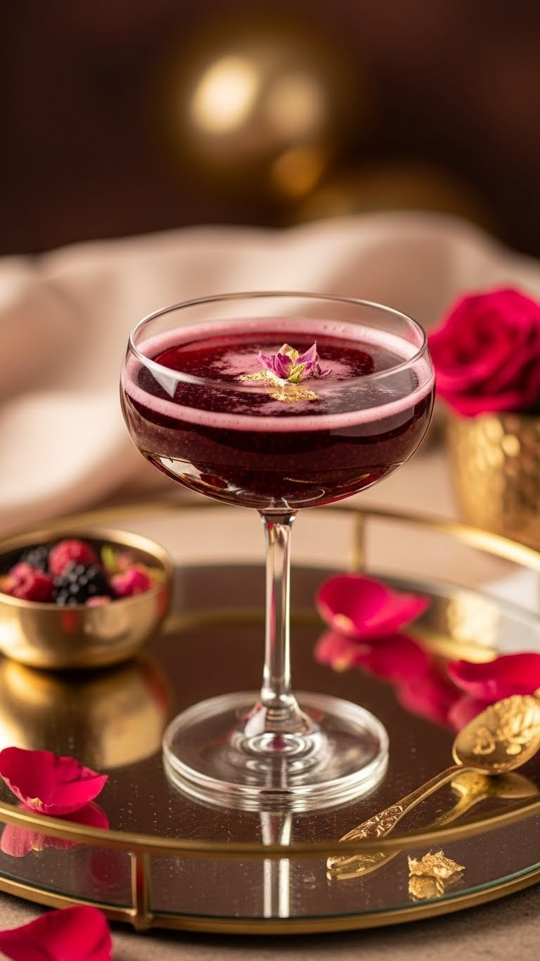 Elegant Midnight Kiss Prosecco Cocktail With Berry Liqueur And Edible Flowers In Coupe Glass