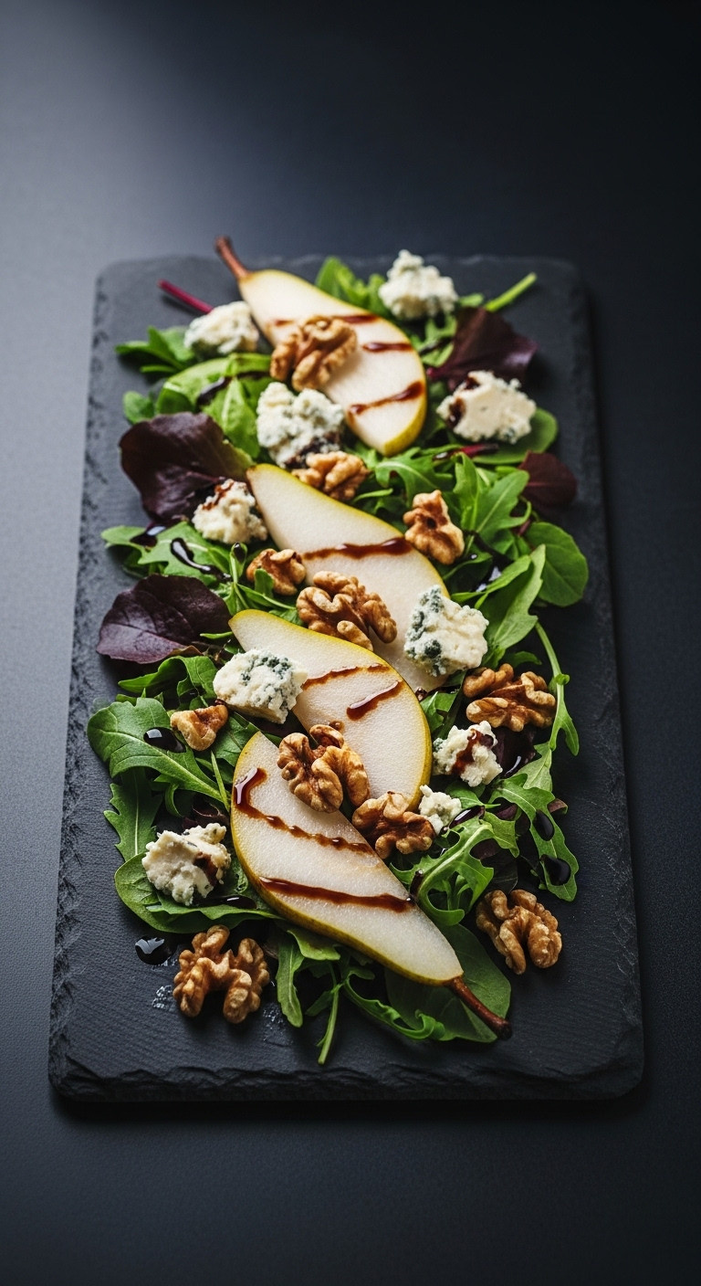 Elegant Pear Gorgonzola Walnut Salad: Mixed Greens, Pear, Gorgonzola, Walnuts, Balsamic Glaze On Slate Platter.