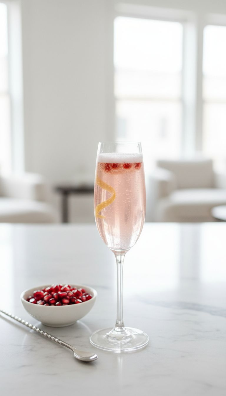 Elegant Pomegranate Gin Fizz In A Champagne Flute, Garnished With Pomegranate Arils And Lemon Twist On White Marble.