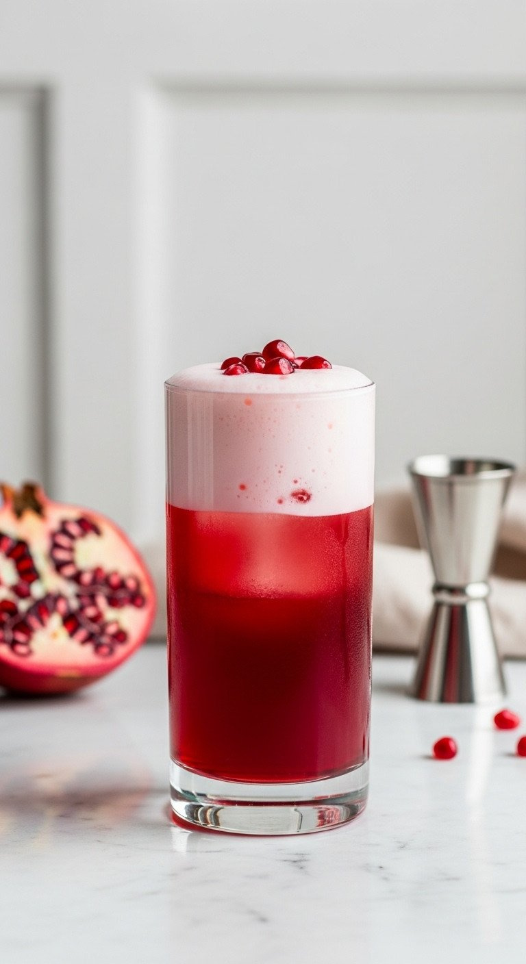 Elegant Pomegranate Gin Fizz With Frothy Foam And Ruby-Red Base, Garnished With Arils On Marble, A Festive Cocktail.