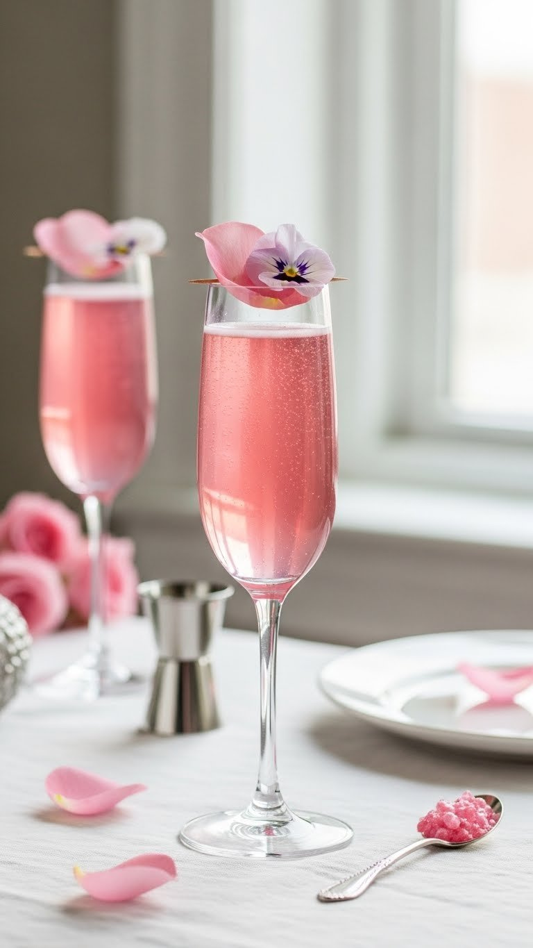 Elegant Rose Spritzer Mocktail With Rose Petal In Champagne Flute On White Linen Tablecloth