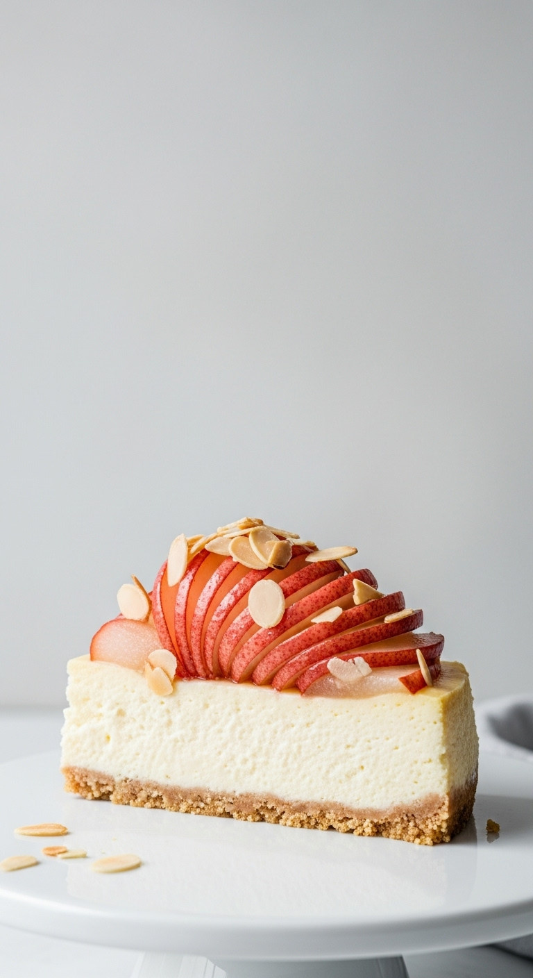 Elegant Spiced Pear And Almond Cheesecake Slice With Caramelized Pears, Toasted Almonds. White Cake Stand, Gray Wall, Bright Light.