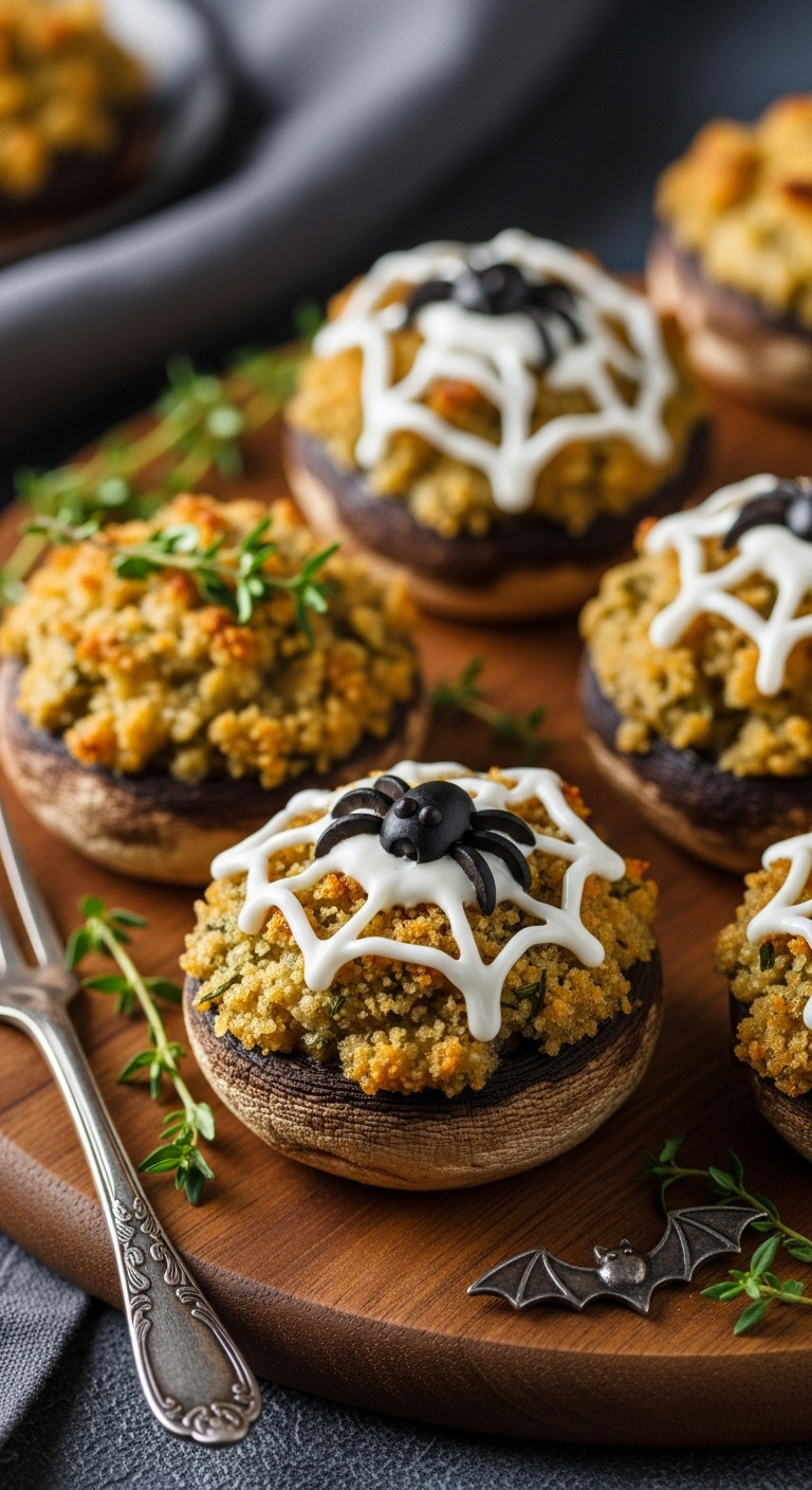Elegant Spooky Stuffed Mushrooms: Spiderweb Design, Black Olive Spiders On Rustic Wooden Board With Fresh Herbs; Classy Halloween Appetizer.