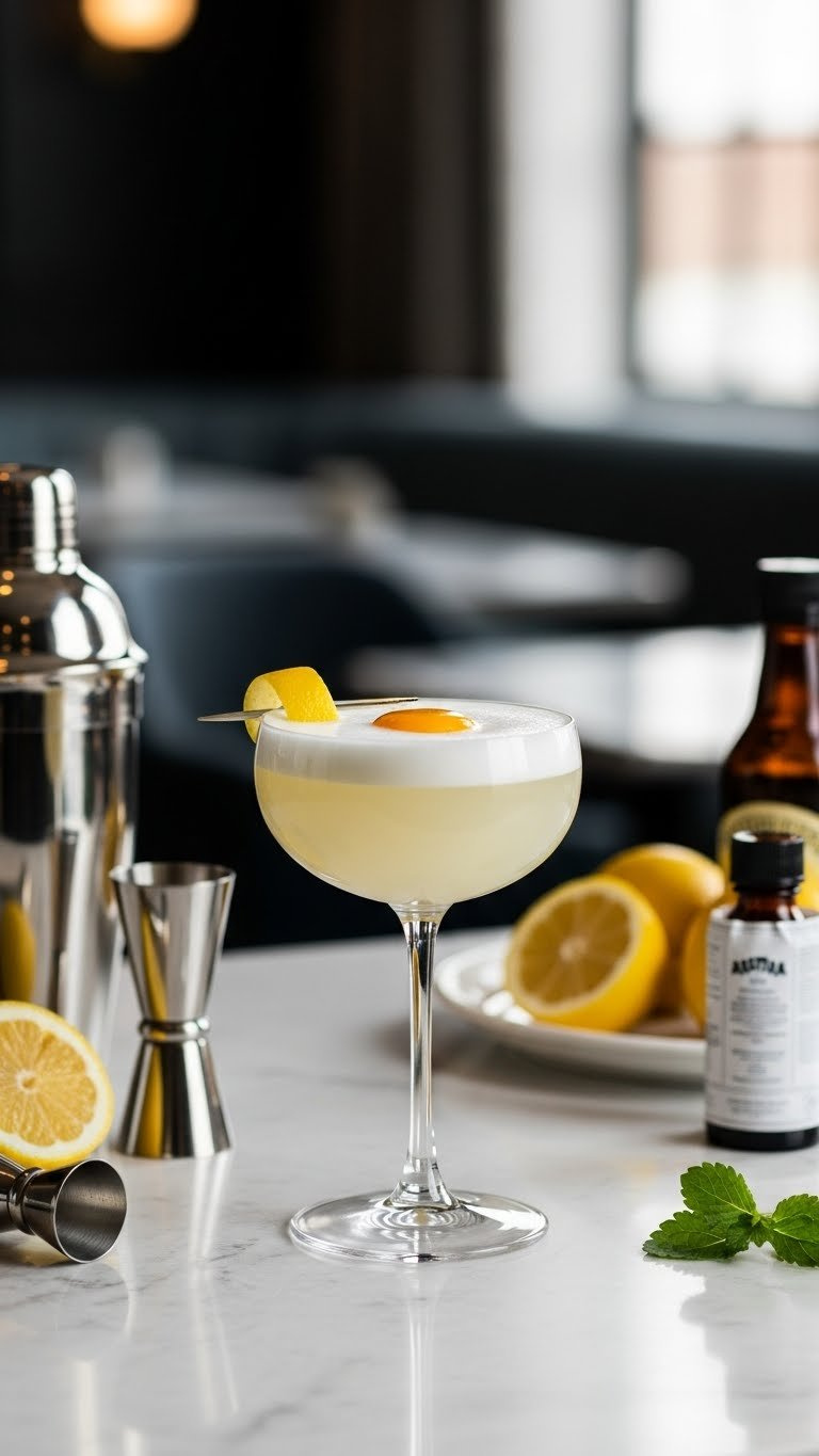 Elegant Tequila Sour With Frothy Egg White Top In Chilled Coupe Glass On Minimalist Bar