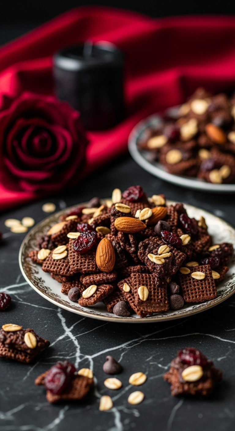 Elegant Vampire Bat Bait Halloween Mix: Dark Chocolate, Oat Cereal, Dried Cranberries, Almonds On Marble. Gothic Party Treat.
