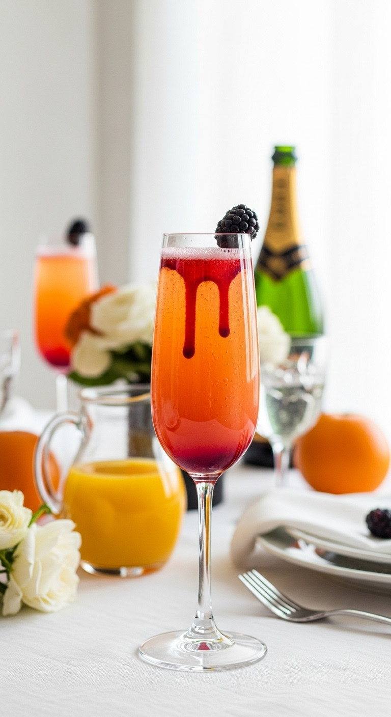 Elegant Vampire's Kiss Orange Mimosa In A Champagne Flute With Blood Drip Effect And Bubbles, Perfect For Halloween Brunch.