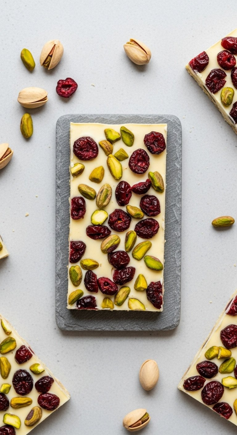 Elegant White Chocolate Cranberry Pistachio Bark With Vibrant Red Cranberries And Bright Green Pistachios, Gourmet Dessert.