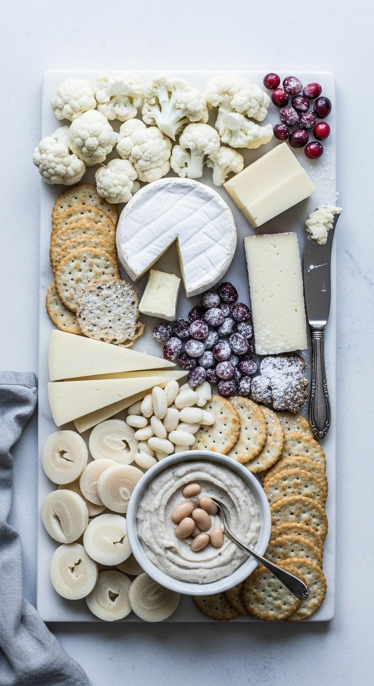 Elegant Winter Wonderland White Charcuterie Board With Brie, Cheddar, Cauliflower, Crackers, And White Bean Dip.