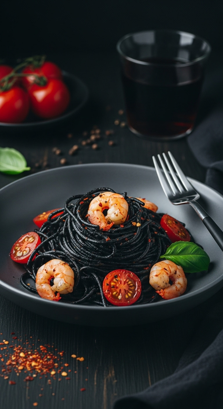 Elegant Adult Halloween Dinner Witches Hair Pasta With Squid Ink Shrimp And Cherry Tomatoes In Dark Ceramic Bowl On Wood