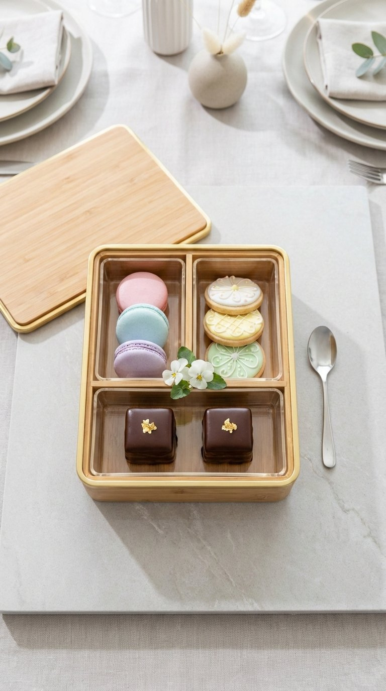 Elegant Bento Box With Compartments Of Macarons, Cookies And Petit Fours Arranged On Stone Surface.