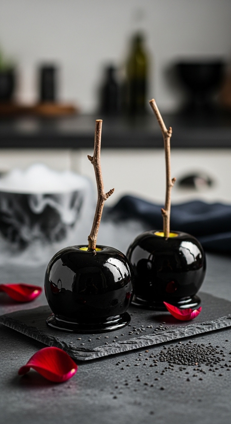 Elegant Black Candy Apples With Glossy Coating On Dark Slate Platter For Aesthetic Halloween Treat