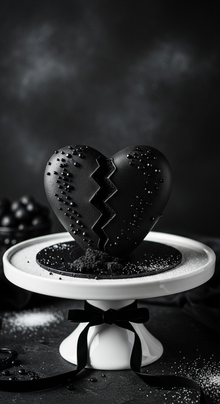 Elegant Black Heart Cake With Jagged Crack, Dark Frosting, Edible Gems, Velvet Ribbon On A White Stand.