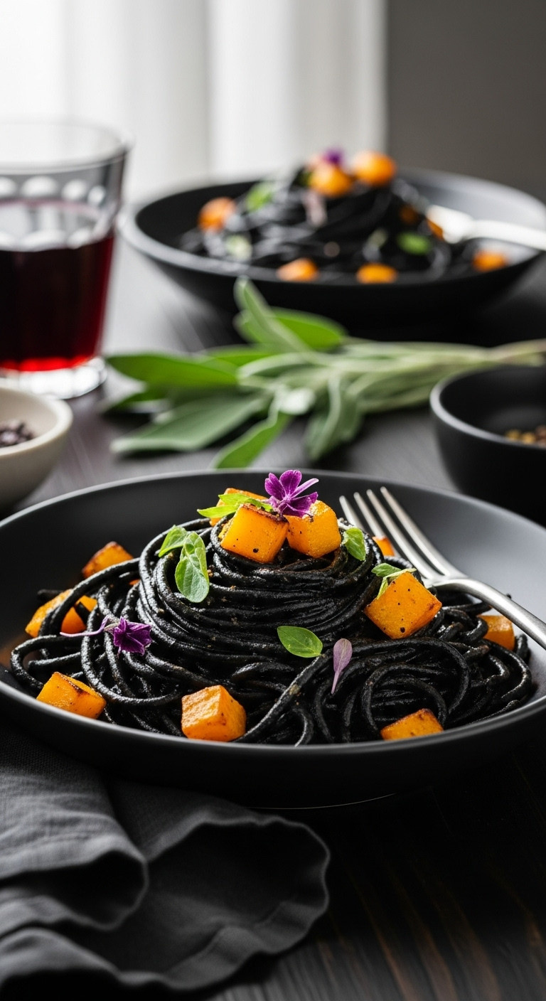 Elegant Black Squid Ink Pasta With Golden Roasted Butternut Squash, Arranged In A Dark Bowl With Fresh Herbs. Sophisticated Halloween Dinner.