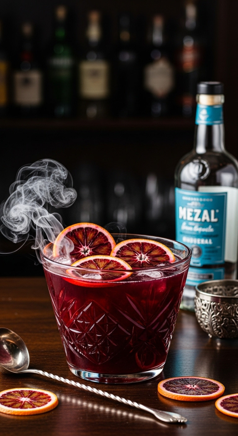 Elegant Blood Orange Vampire Punch In A Glass Bowl With Sliced Blood Oranges And Dry Ice Smoke On A Dark Wood Bar.
