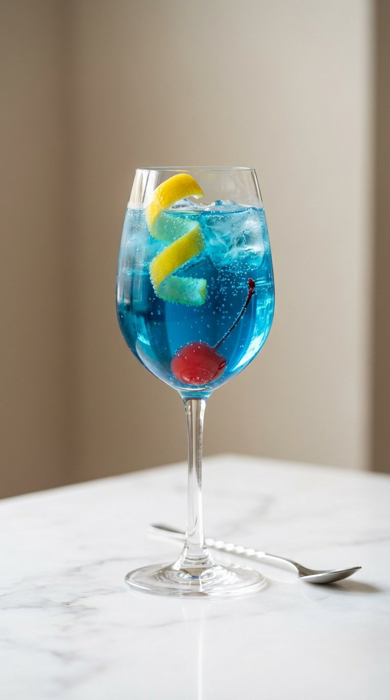 Elegant Blue Lagoon Sparkler Cocktail In Stemmed Glass With Lemon Peel Garnish And Maraschino Cherry At Bottom
