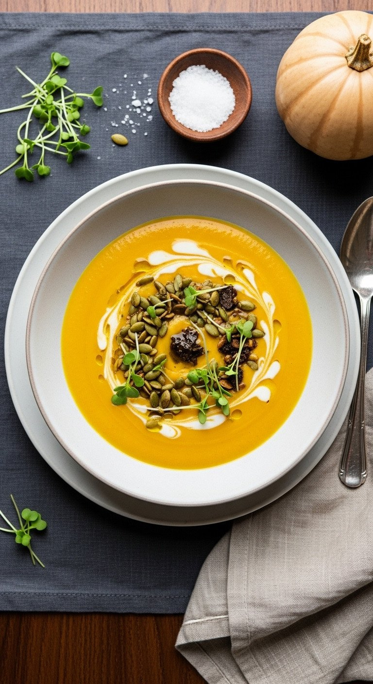 Elegant Butternut Squash Soup With Pumpkin Seeds, Truffle Oil, Microgreens. Golden Soup In Modern Bowl On Dark Wood. Gourmet Fall Dish.
