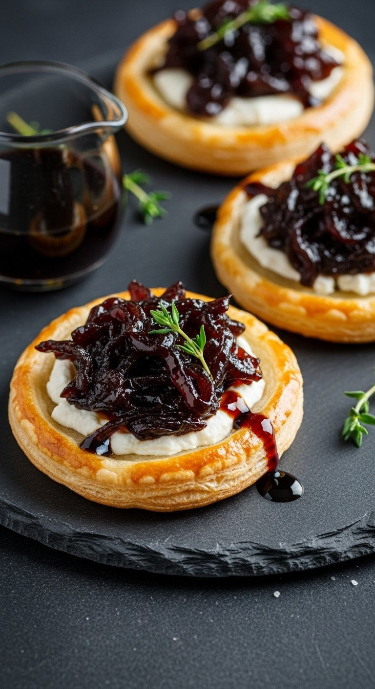 Elegant Caramelized Onion &Amp; Goat Cheese Puff Pastry Tartlets With Thyme &Amp; Balsamic Glaze. Gourmet Recipe.