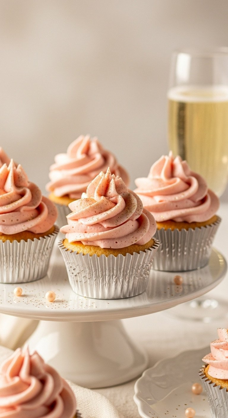 Elegant Champagne Cupcakes With Blush Pink Buttercream, Edible Glitter, On A Tiered Stand. Perfect Party Dessert.