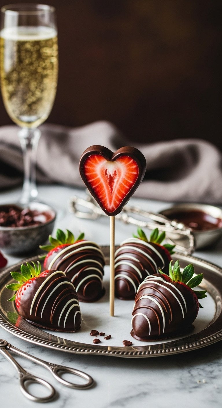 Elegant Chocolate-Dipped Strawberry Hearts With White Chocolate Drizzle, On A Marble Counter, Perfect For A Romantic Treat.