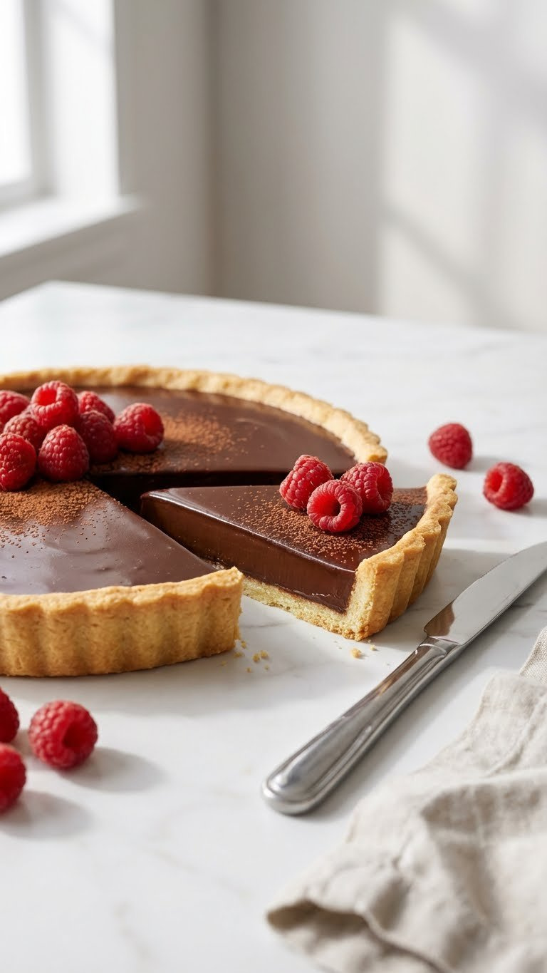 Elegant Chocolate Ganache Tart With Flaky Crust, Fresh Raspberries, Cocoa Powder, And A Slice On A Marble Countertop.