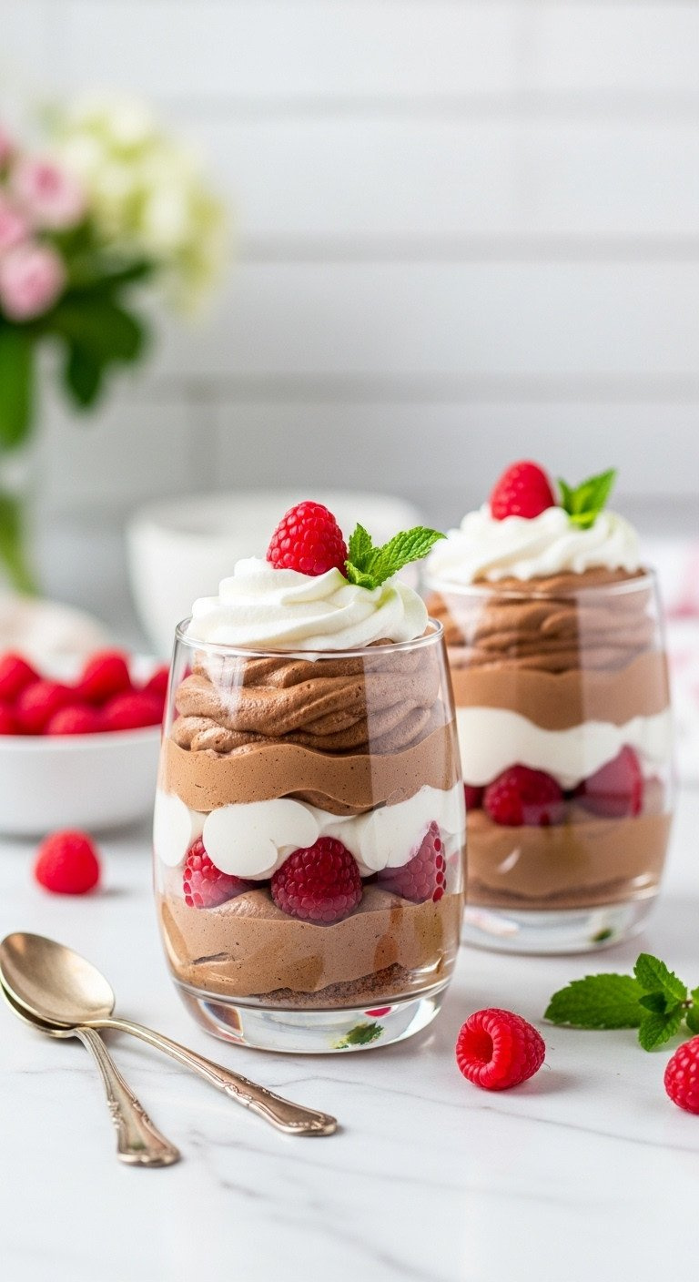 Elegant Chocolate Mousse Parfaits Layered With Whipped Cream, Fresh Raspberries, Mint, Spoons On White Marble Counter.