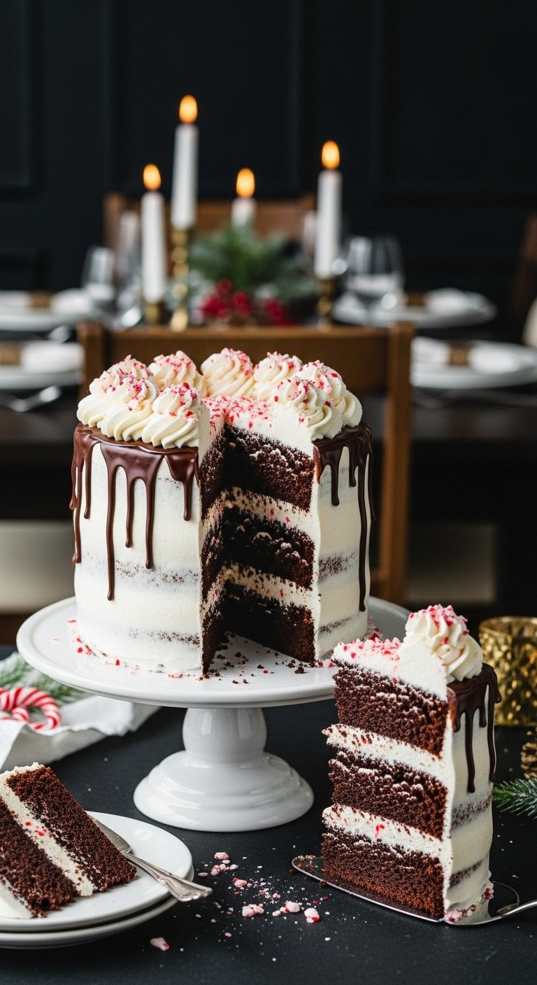 Elegant Chocolate Peppermint Layer Cake On A Stand With A Chocolate Ganache Drip And A Slice Cut Out To Show Layers.