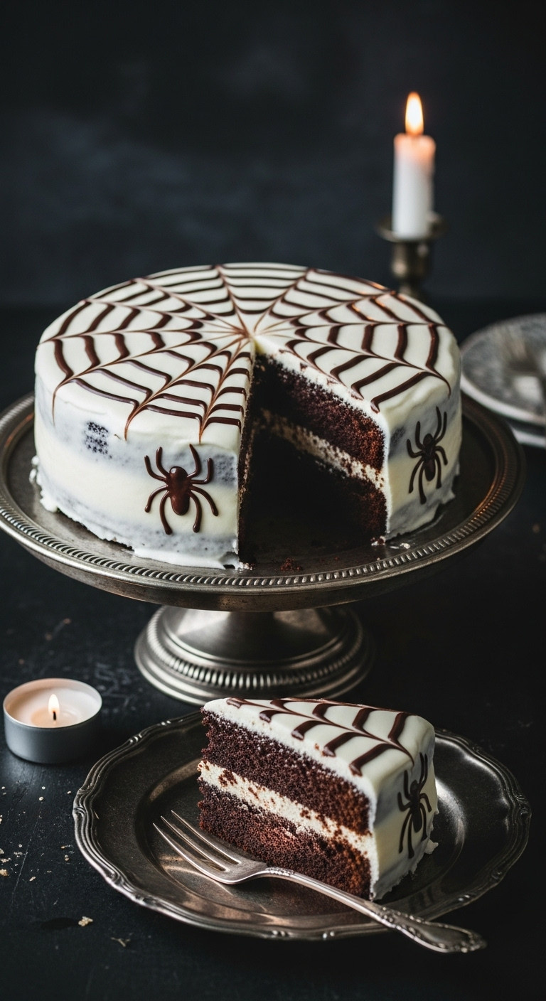 Elegant Chocolate Spiderweb Cake With White Glaze, Slice Removed, On Antique Silver Stand, Moody Halloween Decor.