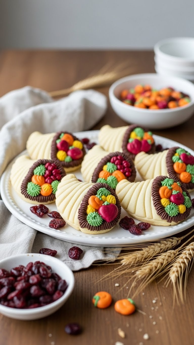 Elegant Cornucopia Sugar Cookies Decorated With Piped Fruits And Vegetables In Sophisticated Autumnal Colors On White Ceramic Platter